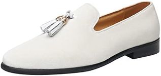 ELANROMAN Men's Loafers Tassels Penny Slip-On Luxury Wedding Shoes, Velvet White, 11