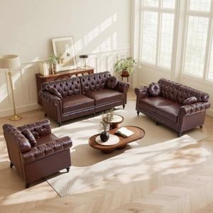 3 Pieces Living Room Furniture Set, High Back Modern Faux Leather Loveseat Couch with Button Tufted, Nailhead Trim, Rolled Arms, Extra Round Cushion for Living Room, Lounge, or Office, Dark Brown