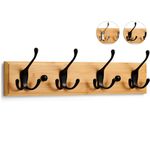 LARHN Wooden Coat Hooks - Wall Mounted Coat Rack - 4 Triple Black Coat Hooks for Wall on Bamboo - 42 cm - All Fixings Included for Quick & Easy Installation