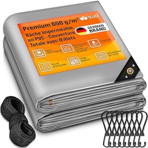 tillvex® Bâche de Protection avec Oeillets + 10 Crochets et Corde de 15 m - Bâche en Tissu 650 g/m² imperméable et indéchirable - Bâche PVC Universelle Exterieur, Camion, Piscine, Meubles de Jardin