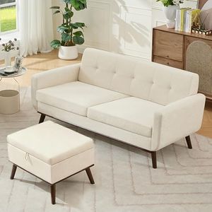 Kingfun Living Room Furniture Sets, Standard & Ottoman, Mid Century Modern Decor Sofa Couches, Button Tufted Upholstered Furniture, Beige