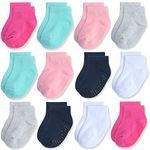 JAKIDAR 12 Pairs Baby Socks Non-Slip Toddler Socks With Grips for Baby Boys Girls - Ankle Low Cut Cotton Socks for Babe and Kids, Pink White 6-12M