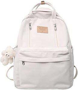 AONUOWE Preppy Backpack with Plushies Cute Backpack for Teen Girls Light Academia Bookbags Solid Aesthetic School Bag, White, Large, Daypack