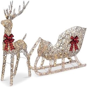 Best Choice Products XL Lighted Christmas 5ft Reindeer & Sleigh Holiday Outdoor Yard Decoration Set w/ 265 LED Lights, Stakes, Zip Ties - Rattan