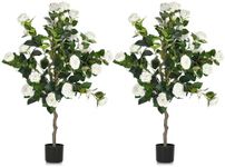 YITAHOME 2 Pack 4FT Artificial White Camellia Tree, 30 LED Prelit Lights Fall Decor Artificial Flower, Faux Floral Plant Blooming Tree, Greenery Potted Plant for Outdoor Office Home Christmas Decor