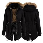 Ladies Designer Style Fur Lined Parka Warm Jacket Hooded Black Winter Coat : UK 10/12 EU 38 M