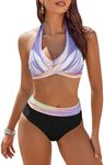 AI'MAGE Women's High Waisted Bikini Sets Tummy Control Swimsuits 2024 Two Piece Bathing Suits Color Block HalterSwim Suits, Gradient Purple Pink, M