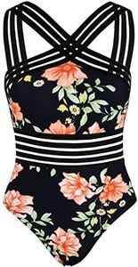 Hilor Women's Retro One Piece Swimsuits Hollow Bathing Suits Flattering Swimming Suits Black&Floral XL/US14