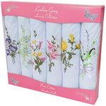 6 Ladies Coloured And White Boxed Embroidered Handkerchiefs 100% cotton, 12ins / 30cm, White with floral design