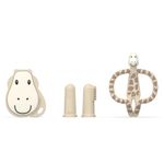 Matchstick Monkey, Antimicrobial Teething Starter Set - 1 Flat Face Teether, 1 Animal Teether, 2 Silicone Finger Toothbrushes, 3 Months Old+, Gigi Giraffe