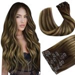 Hetto Ombre Clip in Hair Extensions Human Hair Balayage Clip in Extensions Real Human Hair Brown Clip in Human Hair Extensions Balayage Dark Brown to Caramel Blonde 12Inch 90g 7pcs