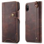 nincyee Genuine Leather Wallet Case for iPhone XR, Classic Button Oil Wax Pattern Flip Stand Mobile Phone Case Card Slot with Lanyard