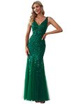 Ever-Pretty Women's V Neck Sleeveless Elegant Mermaid Maxi Evening Dress with Sequins Dark Green 20UK