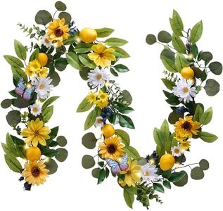 Valery Madelyn Fall Sunflower Lemon Garland for Mantle with Lights, 6 feet Pre-Lit Daisy Floral Garland Decorations for Farmhouse Table Centerpiece Summer Autumn Thanksgiving Indoor Harvest Decor