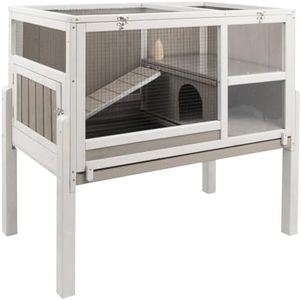 PetsCosset Guinea Pig Cages with Stand, Wooden Rabbit Cage Indoor, Guinea Pig House with Ramp and Hideout, Small Animals Cage with Not Leakage Pull Out Tray, Grey