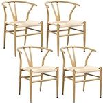 Yaheetech Weave Chair Mid-Century Metal Dining Chair Y-Shaped Armchair Hemp Seat Chair Accent Chair for Kitchen, Dining, Living Room Side Chairs Set of 4 Wood Color