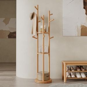 Muwuele Solid Wood Rotary Coat Rack, Freestanding Coat Rack with 3 Shelves and 9 Hooks, Coat tree for Bedroom, Entryway, Livingroom, Coat Hanger Stand for Coats, Scarves, Handbags (Natural)