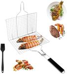 Stainless Steel Grill Basket for Fish Vegetables, Stainless Steel Fish Grill Basket, Portable Grill Fish Holder, Foldable BBQ Grill Basket, Fish Roaster, Foldable with Basting Brush, for Fish