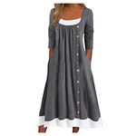 Fancy Dress for Women UK Casual Crewneck Long Sleeve Pullover Patchwork Pleated Solid Color Button Dress Ladies Trendy Tunic Dresses Activewear Dresses for Vacation Cocktail Formal Work Wedding Gray