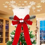 HIAGROW Christmas Tree Topper Hat, Lighted White Plush Tree Toppers Red Bow Decorations with Snowflake Projector for Tree Xmas/Winter Valentine's Day Party Indoor Decor