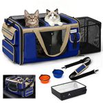 Odoland Extra Large Pet Carriers for 2 Cats Expandable Foldable Cat Travel Carrier Bag with Litter Box - Portable Soft-Sided Transport Dog Carrier for Car Travel, Blue