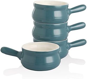 Sweejar Porcelain Soup Bowls with Handle, 21OZ Ceramic Serving Crocks for French Onion Soup, Pumpkin Soup, Oatmeal, Stew, Dishwasher and Microwave Safe, Set of 4