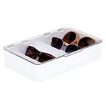 mDesign Plastic Rectangular Stackable Eye Glass Storage Organizer Holder Box for Sunglasses, Reading Glasses, Fashion Eye Wear, Accessories - 5 Sections, Hinged Lid - White/Clear