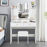 Vanity Desk with Lights and Mirror, Large Makeup Vanity Table with 2 Drawers,Open Shelf,Mordern Vanity Set Dressing Table for Bedroom, White