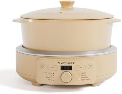 MAGNIFIQUE Slow Cooker, 4.5 Quart 8-in-1 Clay Pot Multi-Cooker, Non-Toxic Slow Cooker with Removable Clay Pot, for Rice, Pasta, Steam & Proof, Nonstick, Oven Safe Pot to 500°F, Brown