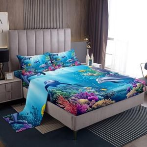 Erosebridal Dolphin Sheet Set Full Size,3D Fish Bed Sheets Colorful Coral Reef Fitted Sheet Nautical Sea Animal Aquarium Flat Sheet Underwater World Marine Life Bedroom Decor