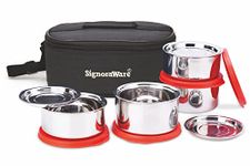 Signoraware Double Decker Double Wall/Twin Wall (with 0.5mm thickness) both Stainless Steel layers Steel Lunch Box, Set of 4, 350ml+350ml+260ml+260ml, 4 steel cover plates, Red