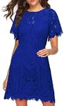 MSLG Women's Elegant Round Neck V-Back Wedding Guest Floral Lace Cocktail Party A Line Dress 910, Royal Blue, Small