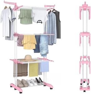Bigzzia Clothes Drying Rack, 67.7 Inch Laundry Drying Rack with Foldable Base, 4 Tier Stainless Steel Drying Rack Clothing, Movable Laundry Rack for Indoor Outdoor-Pink