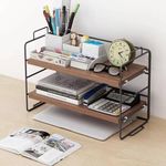 Hbluefat Desktop Shelf Organizer, 2-Tier Adjustable Wood Bookshelf Storage Rack, Small Multi-Functional Stackable Countertop Display Shelf for Home Office School (Walnut+Black)