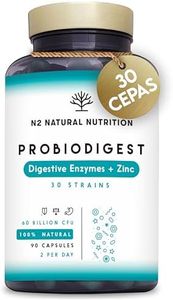 Probioticos y Prebioticos Intestinales con 30 Cepas Bacterianas, Enzymas Digestivas y Zinc. Mejora las Digestiones y el Tránsito Intestinal. Equilibra la Microbiota. 90 Capsulas. N2 Natural Nutrition