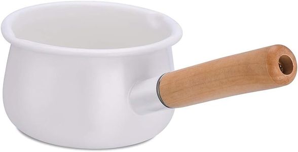 YumCute Home Enamel Milk Pan with Dual Pour Spout Butter Warmer Milk Pot for Stove Top Healthy White Enameled Inside Coating Iron 1QT Small Soup Pot with Wooden Handle Handy Pot (White)