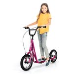 GYMAX Scooter, Kids Scooter with Front and Rear Caliper Brakes, 12” Inflatable Wheels & Axle Pegs, Height Adjustable All Terrain Off-Road Scooter, Pre-Assembled Scooter for 8+ Youth Adults (Pink)