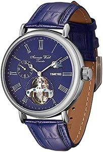 TIME100 Montre Homme Vintage Automatique Acier Inoxydable Cuir Casual Double Fuseau Horaire