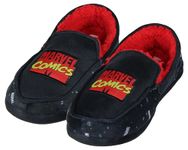 Bioworld Marvel Comics Logo Design Fleece Lined Foam Slippers For Men Women, House Slippers for Indoors and Outdoor, Black, Small-Medium