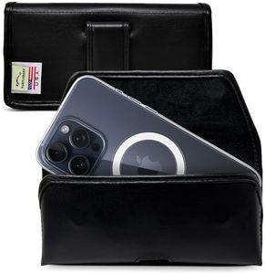 Turtleback Belt Holder for iPhone 16 Pro Max, 15 Pro Max, 14 Pro Max -Small- Fits w/Slim MagSafe Style Cases, Premium Black Leather Horiz. Belt Holster, Magnetic Closure, Leather Wrapped Clip