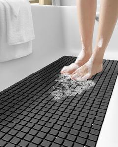 DEXI Bath Tub Shower Mat Non-Slip 16 x 39 Extra Long Bathtub Mats, Suction Cups, Drain Holes, Machine Washable Bathroom Mat, Black