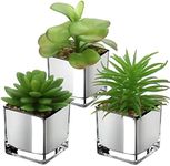 Briful Mini Artificial Succulent Plants, Set of 3 Faux Succulents in Galvanized Glass Pot Modern Fake Plants Plastic Succulents for Centerpiece Bathroom Shelf Bedroom Decor