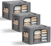 3-Pack Clothes Storage Bins with Metal Frame, Foldable 40L Linen Storage Boxes with Lids, Clear Windows, Zippers & Durable Handles - Grey