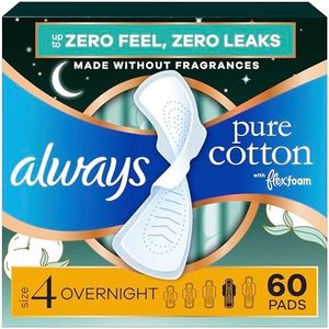 Always Pure Cotton FlexFoam Pads for Women, Size 4, Overnight Pad with Wings, Unscented, Made with an Organic Cotton Top Layer, 20 Count