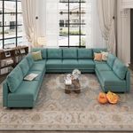 LLappuil Modular Sofa Faux Leather Fabric 112 Inch Sectional Couch with Reversible Chaise, 10 Seater U Shape Sectional Sofa Oversized Sofa Set for Living Room, Office, Aqua Blue