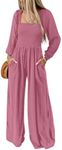 Happy Sailed Womens Jumpsuit Casual Dressy Long Sleeve High Waist One Piece Wide Leg Long Pants Rompers Jumpsuits Loose Overalls for Women with Pockets Pink M