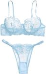 Lilosy Sexy Floral Embroidered Flower Mesh Underwire Push Up Lingerie Set, Leaf Light Blue, Medium