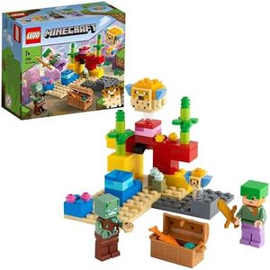 LEGO Minecraft La Barriera Corallina, Modellino da Costruire con il Personaggio Alex, uno Zombie Annegato, 2 Pesci Giocattolo e un Forziere, Giochi per Bambini e Bambine Fan del Videogioco 21164