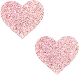 Neva Nude Powder Puff Pastel Pink Glitter I Heart U Nipztix Pasties Nipple Covers for Festivals, Raves, Parties, Lingerie and More, Medical Grade Adhesive, Waterproof and Sweatproof, Made in USA