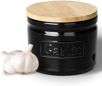 LEETOYI Ceramic Garlic Keeper with Wooden Lid, 4.1 Inch Garlic Holder for Countertop, Ventilated Garlic Pot for Kitchen, Garlic Saver to Keep Your Garlic Cloves Fresh Longer (Black)